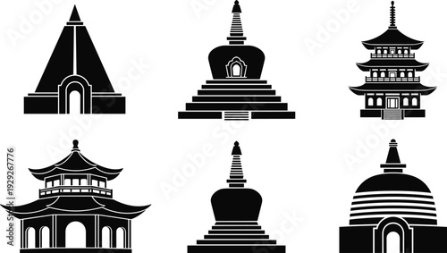 Asian temple silhouettes, pagoda stupa dome vector, traditional architecture illustration, cultural heritage design, religious building art, CAD drawing flat vector illustration