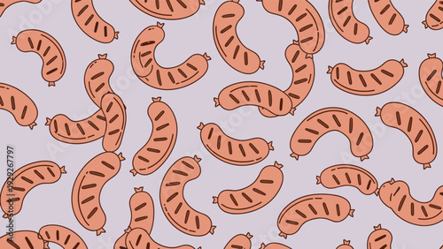 Seamless pattern featuring a repeat illustration of brown grilled sausages on a light purple background for food themed designs.