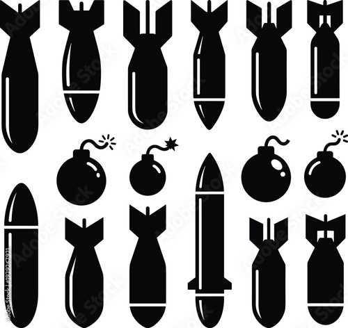 Black silhouettes of various bomb icons missiles and artillery shells isolated on white background for military and explosive weapon design