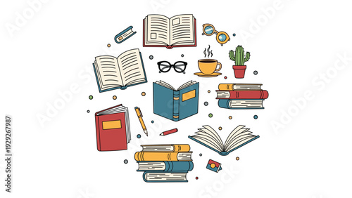 Circular arrangement of hand-drawn book icons, reading glasses, coffee, pens, and a cactus representing a love for literature and learning.