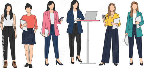 Business women silhouettes, office attire, professional fashion, working with laptop, holding folders, mobile phone, teamwork diversity, cad drawing flat vector illustration