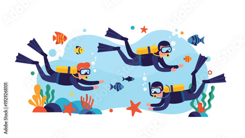 Group of scuba divers exploring a colorful underwater world filled with tropical fish, coral, and starfish in a flat illustration style.