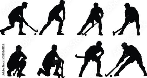 Field hockey player silhouettes, sports vector illustration, dynamic action poses, stick handling art, athletic movement design, CAD drawing flat vector illustration, outdoor game