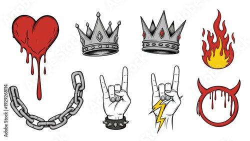 Collection of various hand-drawn tattoo style icons including a bleeding heart, crowns, chains, rock on hands, fire, and devil horns.