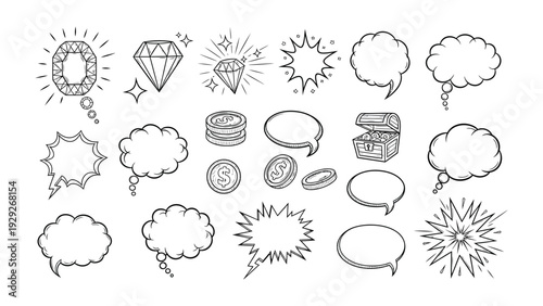 Sparkling Gems and Dialogue Bubbles: A collection of dazzling diamonds, shining jewels, coins, treasure chest, and vibrant dialogue bubbles.