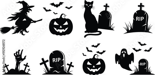 Halloween silhouettes, witch ghost bat cat pumpkin, spooky graveyard vector illustration, zombie hand art, eerie holiday design, CAD drawing flat vector illustration