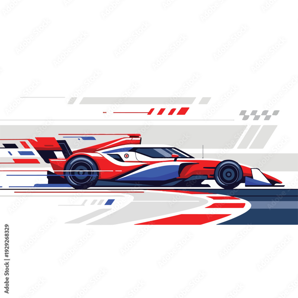 Obraz premium A vibrant, geometric illustration of a red, white, and blue racecar