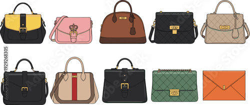Handbag silhouettes, fashion accessories vector, stylish purse collection, designer bags illustration, modern women’s fashion, flat design, CAD drawing flat vector illustration, luxury accessory art