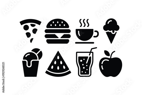 Food icon set with various delicious meal and drink silhouettes