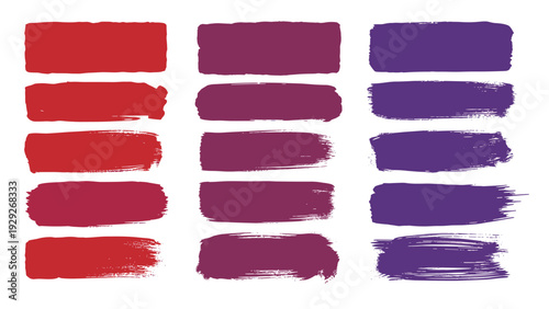 Collection of horizontal paint brush strokes in shades of red and purple are arranged in three columns on a white background.