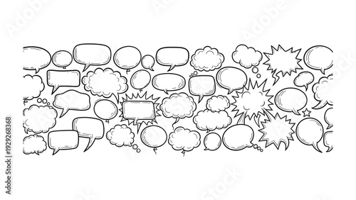 Speech Bubbles Symphony: A graphic array of diverse speech bubbles, ranging in shape and size, creating a visual dialogue.