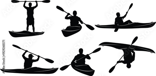Kayaking silhouettes, water sport vector illustration, dynamic paddling poses, outdoor adventure design, athlete movement art, CAD drawing flat vector illustration, recreational activity