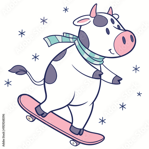 Playful Shy Cow design, styled with riding a skateboard and Aurora Glow shades in a Aurora Glow setting