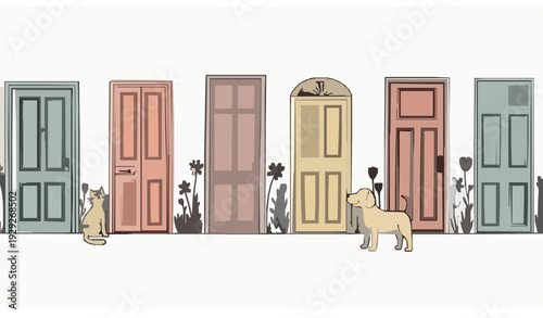 Whimsical Brush Style Door Pattern with Cute Cat Dog Hearts and Flowers Vector