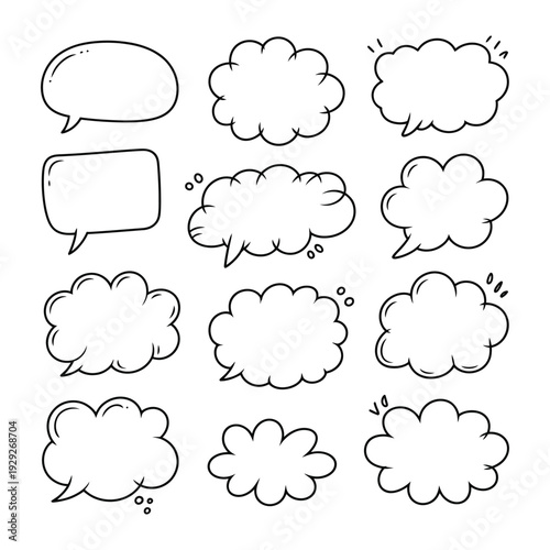 Cloud Speech Bubbles in Doodle Style: A collection of various cloud-shaped speech bubbles, hand-drawn with a doodle style. Ideal for illustrating dialogues, thoughts, or ideas in creative designs.