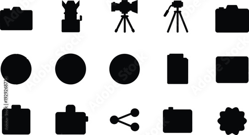 Photography Icons Set with Camera, Lens, and Settings on White Background