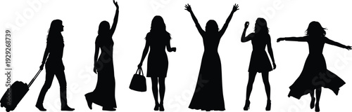Women silhouettes walking with luggage, standing with handbag, raising arms, dancing pose, lifestyle fashion travel celebration, cad drawing flat vector illustration