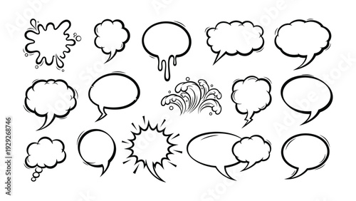 Diverse Speech Bubbles: A collection of stylized speech bubbles and conversation bubbles, each uniquely designed with diverse shapes and sizes