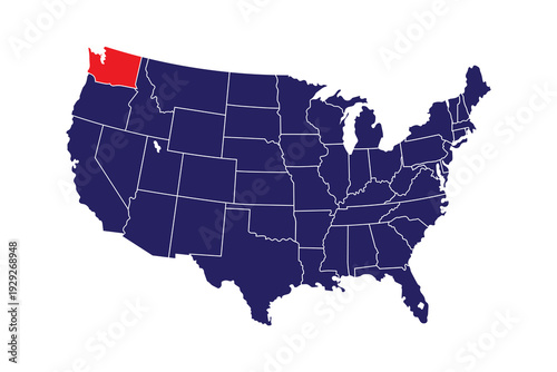 Geographic illustration of the continental United States with the Pacific Northwest state of Washington distinctly marked in red for emphasis or regional focus