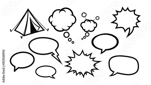 Speech Bubbles and Tent Silhouette: A collection of diverse speech bubbles and a stylized tent silhouette, perfect for conveying thoughts, ideas, and outdoor adventures. 