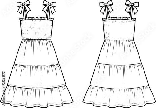 Fashion technical sketch of a tiered women's summer dress featuring a smocked bodice, thin shoulder straps with decorative bows and ruffled hem details.