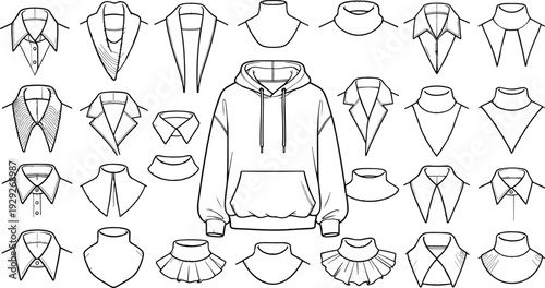 Hand Drawn Vector Set of Various Neckline Styles and Collar Designs Including Hoodies Shirts and Turtlenecks for Fashion Technical Sketches and Apparel Design Mockups