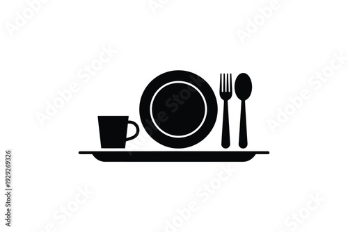 A black silhouette of dinnerware on a serving tray with utensils