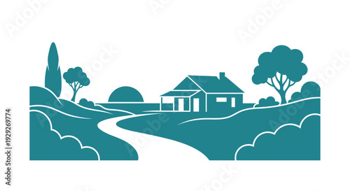 Cottage House Landscape Illustration Design Element.