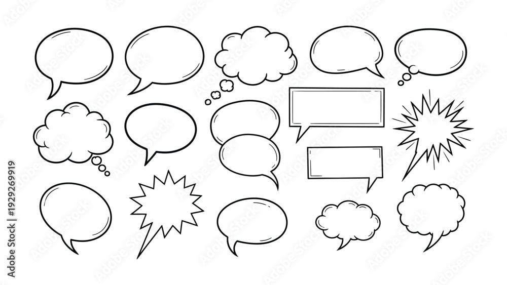 Fototapeta premium Comic Speech Bubbles: A collection of various comic speech bubbles, perfect for conveying thoughts, dialogue, and exclamations in graphic designs.
