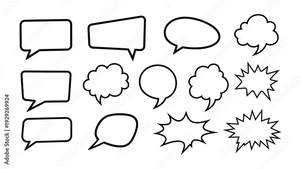 Fototapeta premium Diverse Dialog: A graphic array of blank speech bubbles, offering a versatile visual tool for communication and expressing ideas in various styles and formats.
