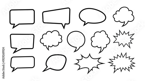 Diverse Dialog: A graphic array of blank speech bubbles, offering a versatile visual tool for communication and expressing ideas in various styles and formats.