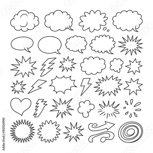 Comic Speech Bubbles and Sound Effects: A collection of various comic speech bubbles and sound effects, designed in a simplistic style to add visual flair to any project.