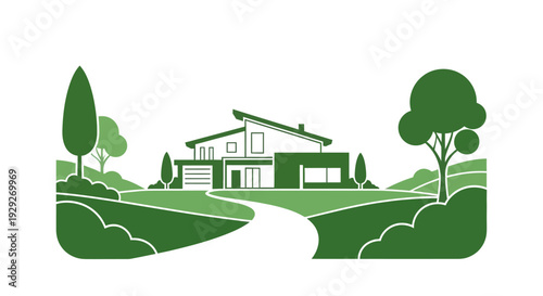 Green House Illustration with Trees and Lawn.
