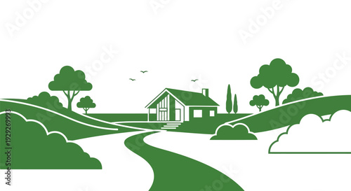 Green House Illustration with Trees and Pathway.