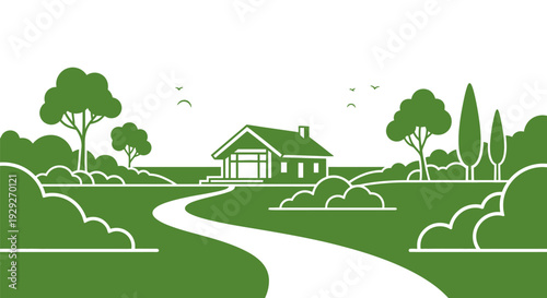 Green House Landscape Illustration with Pathway.