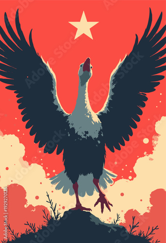 Goose honking its wings spread, depicted as terrifying manga boss character Impact lines radiating outward Stark, graphic Soviet poster style Solid black red colors No text