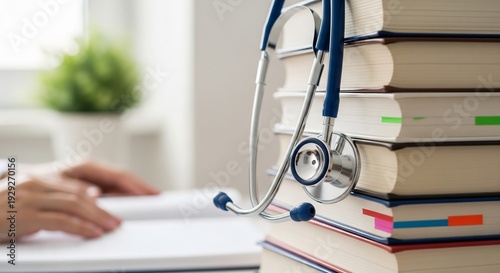 Stethoscope on medical books for healthcare professionals studying