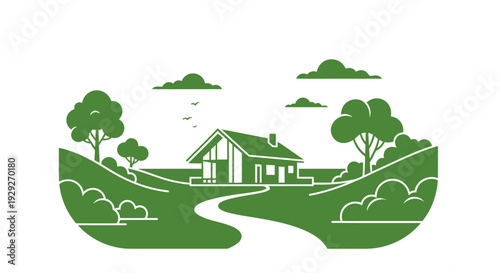 Green House Landscape Illustration with Trees.