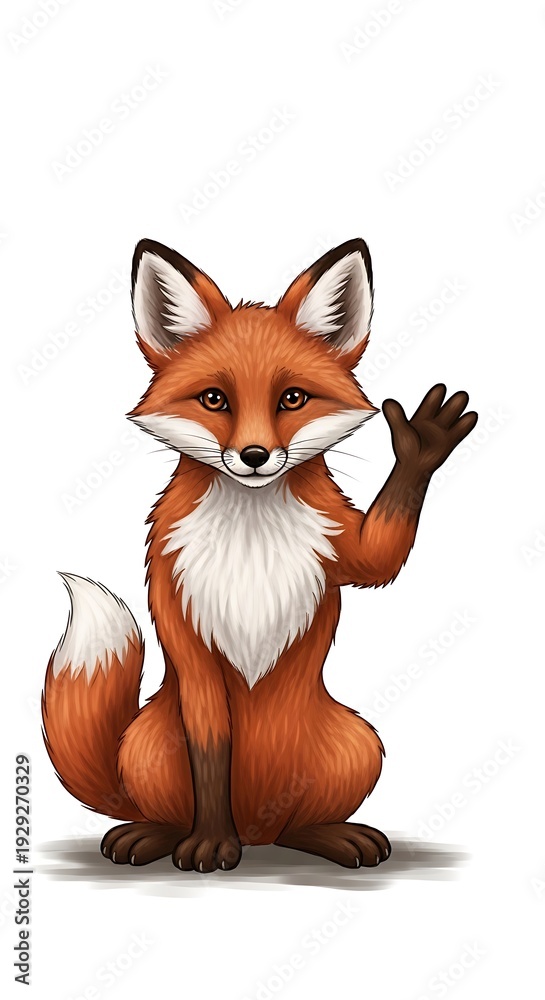 Fototapeta premium Friendly cartoon fox waving hello gesture.