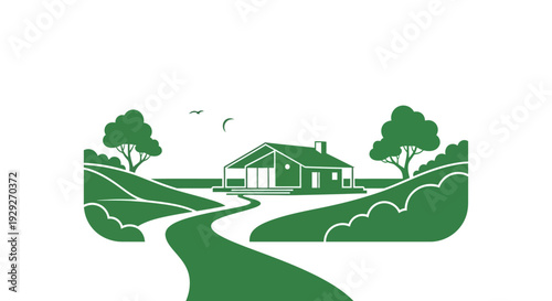 Green House with Trees and Pathway.