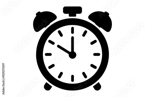 black and white minimalist alarm clock illustration conveys precision and punctuality on design