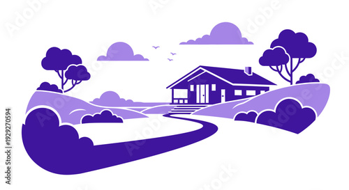 House Illustration with Trees and Clouds.