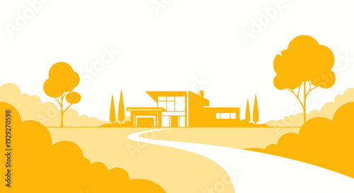 House Illustration with Trees and Pathway.