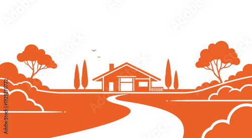 House Illustration with Trees and Pathway.