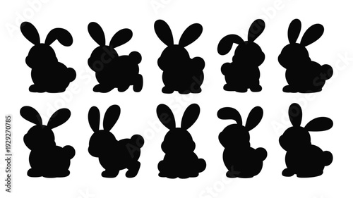 Set of cute chubby easter bunny silhouettes in various poses on white background for decoration and design