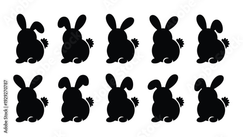 Cute chubby easter bunny silhouettes in two rows on white background for decoration and design