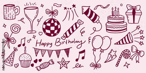 Hand drawn birthday party doodle set with cake and balloons in doodle sketchy line art. Birthday party icons and elements vector illustration bundle