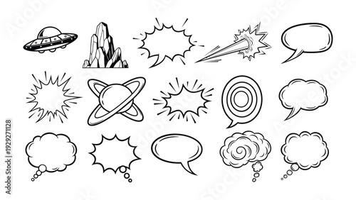 Comic Burst Illustration: A collection of various comic burst and thought bubbles with diverse shapes and sizes, perfect for adding dynamism and visual interest to comics and designs. 