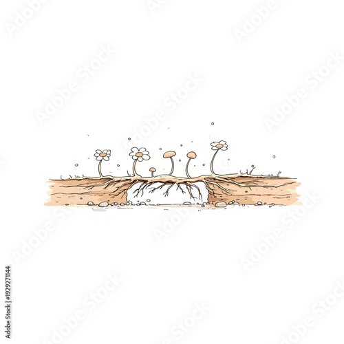 Underground Mycelium Network Connecting Forest Mushrooms