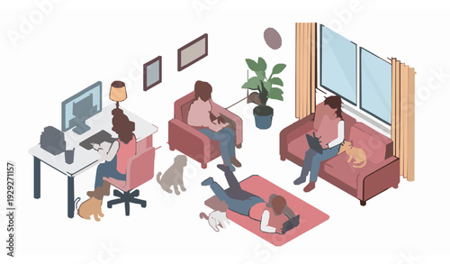 Female employee working in home office with pets isometric vector illustration